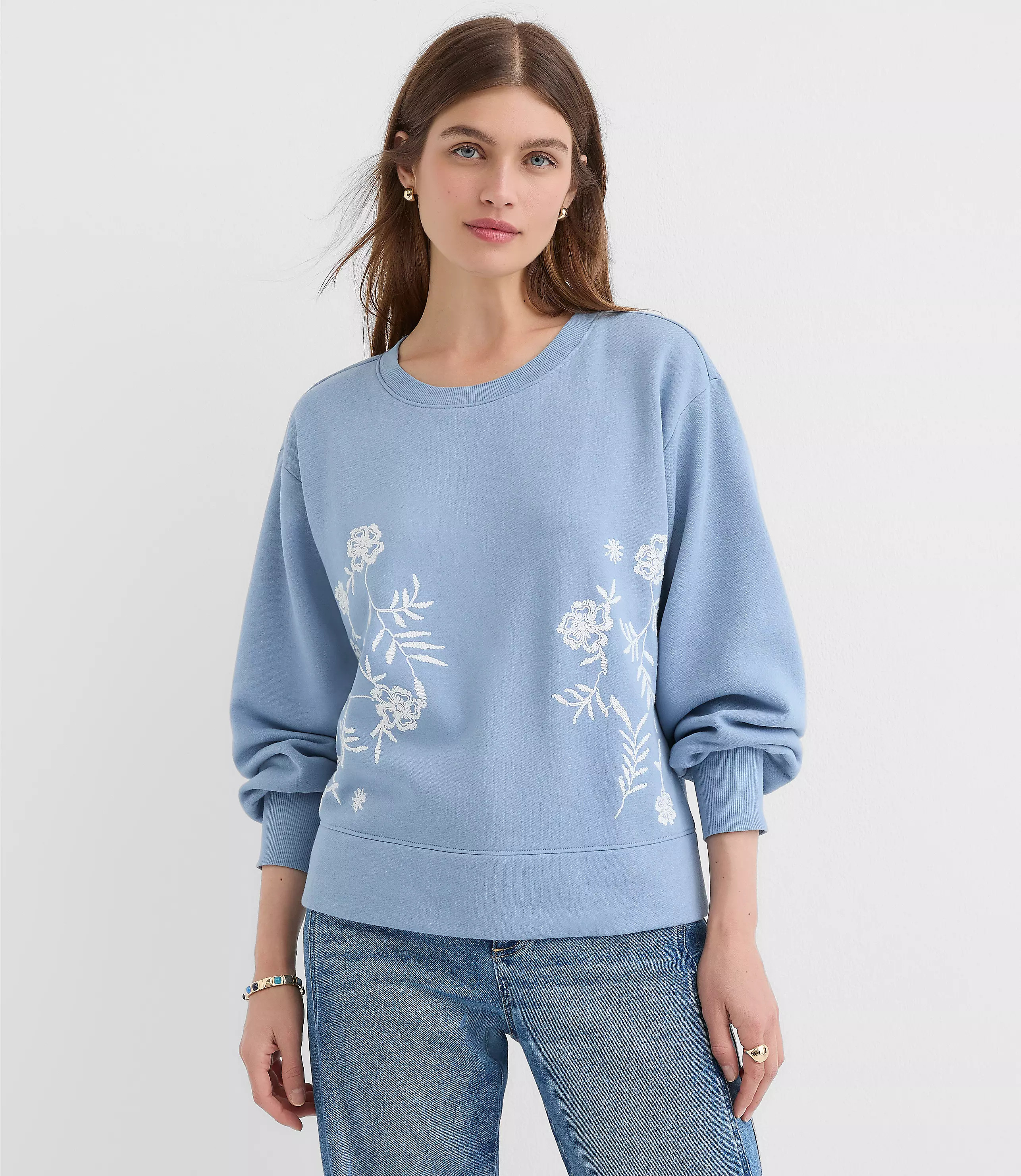 Floral Embroidered Terry Puff Sleeve Sweatshirt | LOFT
