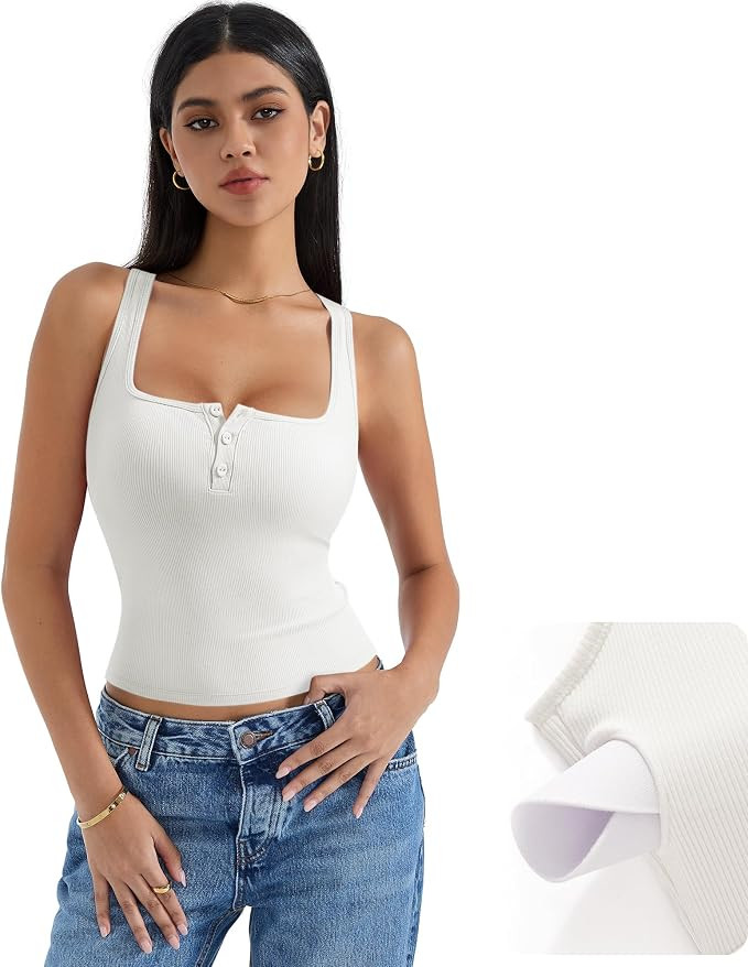 SUUKSESS Women Sexy Ribbed Square Neck Tank Tops with Built in Bra Summer Cotton Sleeveless Crop ... | Amazon (US)