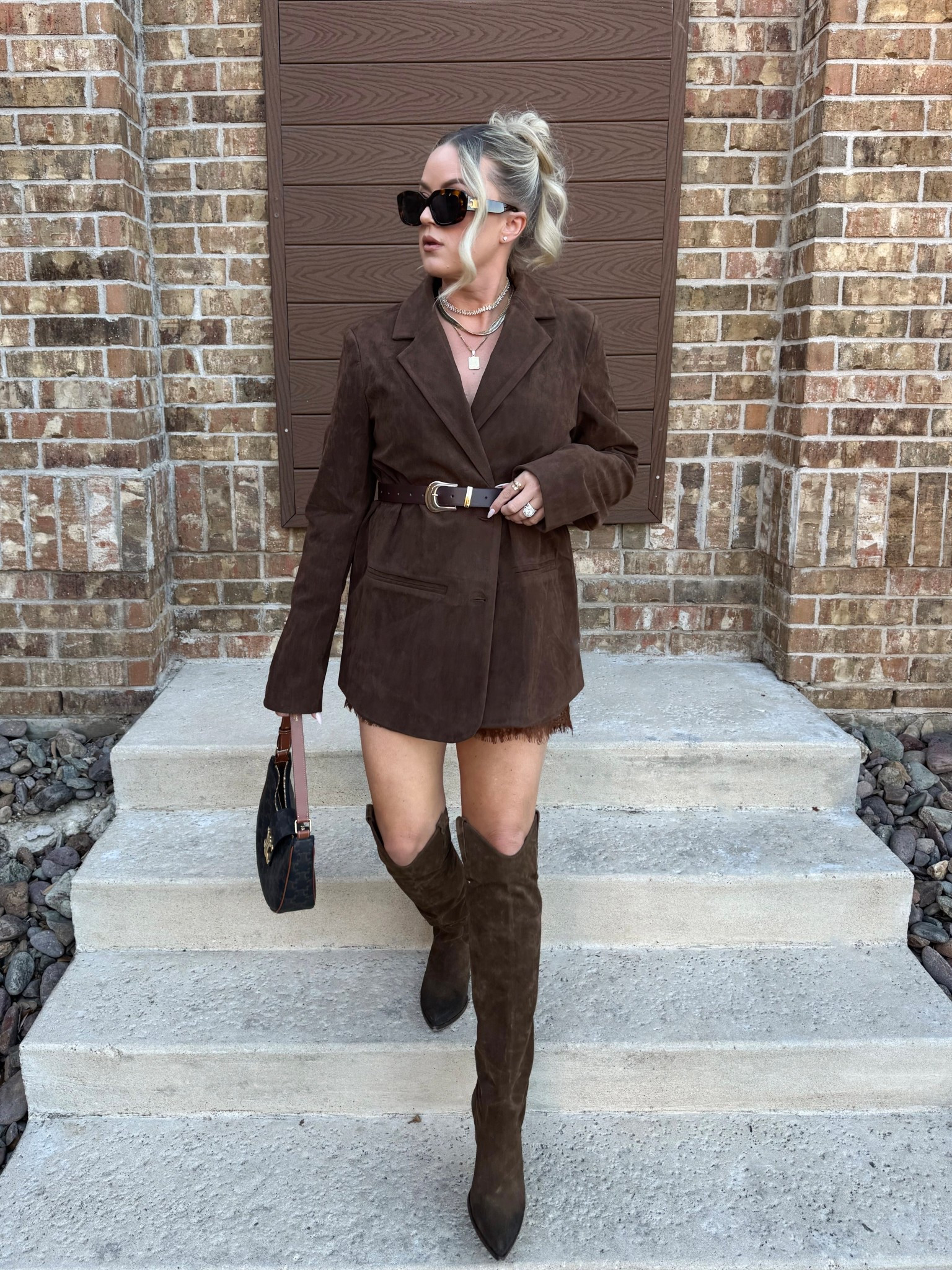 My faux suede blazer is currently half off! I went with a size 6 so I could wear it more as a dress and threw those trendy lace shorts on under.

Boots were a splurge and no longer available but linked similar ones!

Monochromatic outfit, all brown outfit, suede brown blazer, winter outfits, chic winter outfit

#LTKootd #LTKFindsUnder100 #LTKSaleAlert