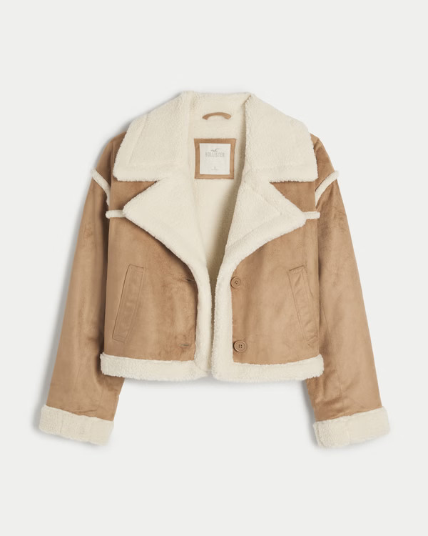 Sherpa-Lined Faux Suede Crop Biker Jacket | Hollister (US)