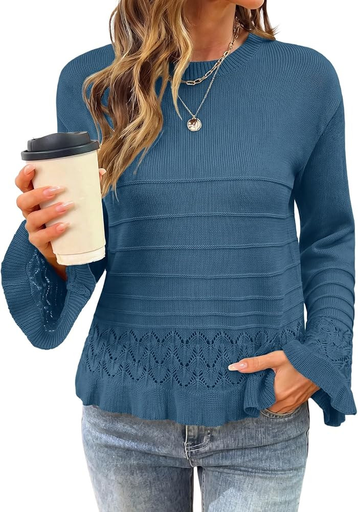 EVALESS Womens Crochet Pullover Sweaters Ruffled Hem Tops | Amazon (US)