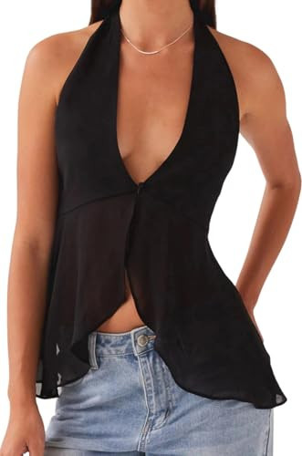 Women Y2k Sheer Mesh Halter Top Sleeveless Split Asymmetrical Hem Flowy Tank Backless V-Neck See Through Cami Shirt Solid Black | Amazon (US)