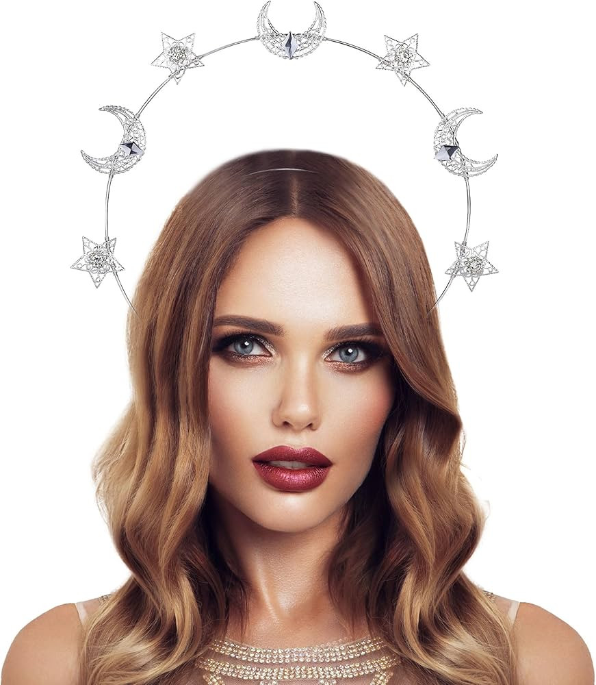 Renfaire Star Moon Crown - Handmade Silver Stars Headpiece with Purple Crystal Mary Goddess Halo ... | Amazon (US)