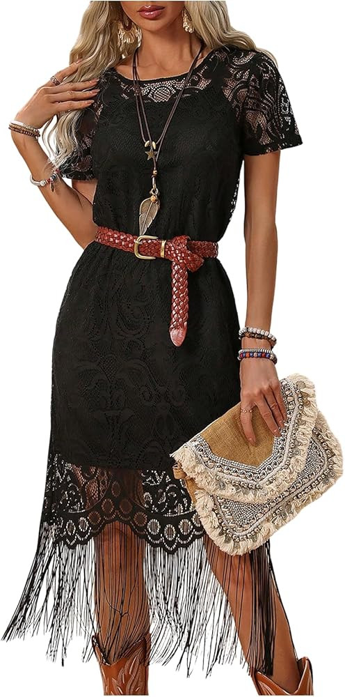 WDIRARA Women's Western Concert 2 Piece Outfits Short Sleeve Sheer Fringe Dress and Cami Dress Se... | Amazon (US)