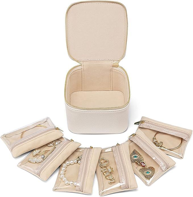 Vlando Small Jewelry Box Organizer,Travel Jewelry Storage with 6 Velvet Jewelry Zipper Pockets,Pr... | Amazon (US)