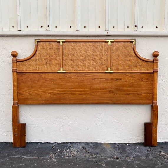 Vintage Queen Headboard With Woven Rattan & Brass Details by | Etsy | Etsy (US)