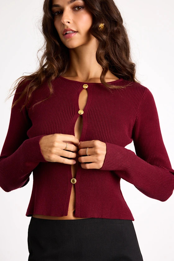 Mahita Wine Red Ribbed Cutout Button-Front Long Sleeve Top | Lulus