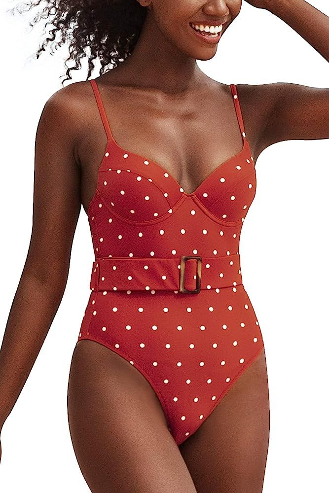 CUPSHE Women's One Piece Swimsuit Camila Polka Dot Push Up Belted Bathing Suit | Amazon (US)