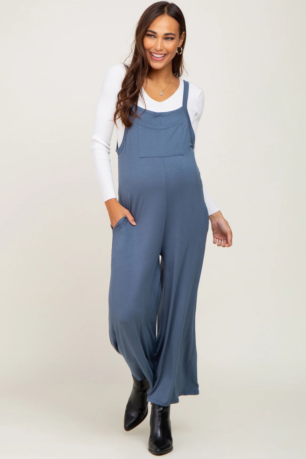 Navy Sleeveless Pocketed Wide Leg Maternity Jumpsuit | PinkBlush Maternity