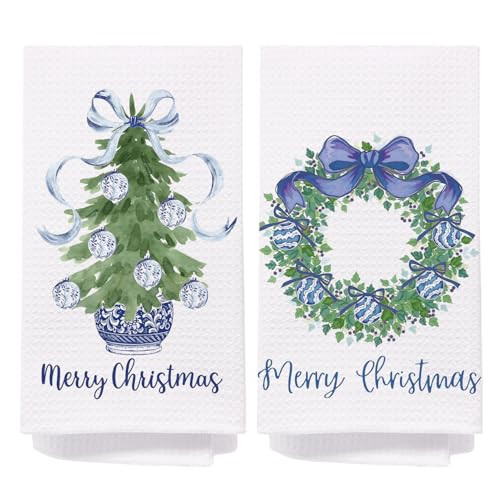 Chinoiserie Christmas Kitchen Towels,Set of 2 Blue Bow Coquette Christmas Tree Dish Towels for Kitchen Bathroom, Blue Christmas Hand Towels for Bathroom Kitchen, Grandmillennial Decor,16x24 Inches | Amazon (US)