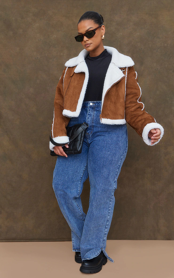 Plus Brown Borg Lined Super Crop Aviator | PrettyLittleThing US