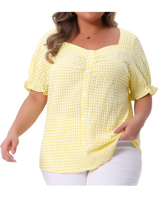 Agnes Orinda Women's Plus Size Gingham Tops 1950s Sweetheart Neck Flounce Sleeve Summer Blouse To... | Amazon (US)