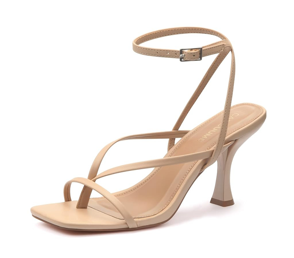 Carcuume Womens Kitten Heels Square Toe Thong Strappy Ankle Strap Stiletto Heel Sandals | Amazon (US)