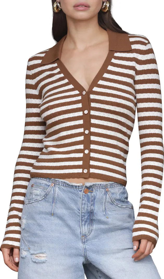 Avec Les Filles Striped Pointelle Polo Cardigan | Nordstrom | Nordstrom
