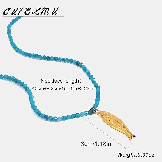 Boho Fish Necklace for Women - Blue Natural Stone Fish Pendant Necklace, Bohemian Beach Jewelry C... | Amazon (US)
