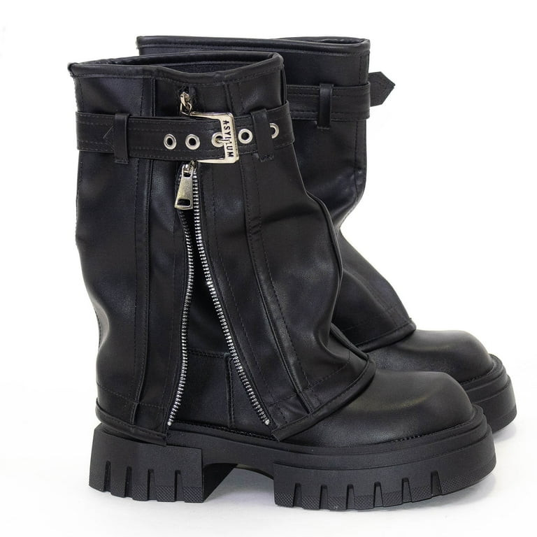 Elecsop Mid Calf Boots for Women, Side Zip Black Platform Boots, Retro Belt Buckle Leather Boots ... | Walmart (US)