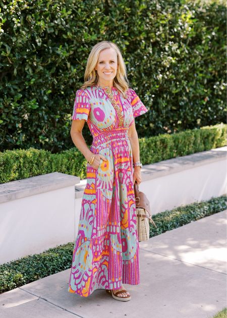 Colorful pink orange and turquoise Ikat Maxi dress 
Sheridan French 
Fits true to size 
Valentino Roman stud wedges 
Perfect for special events parties 

#LTKover40 #LTKstyletip #LTKSeasonal
