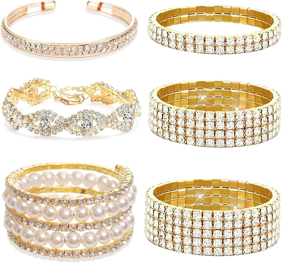 EIELO 6 Pcs Rhinestone Stretch Bracelet for Women Sparkly Clear Crystal Wedding Bridal Bridesmaid... | Amazon (US)