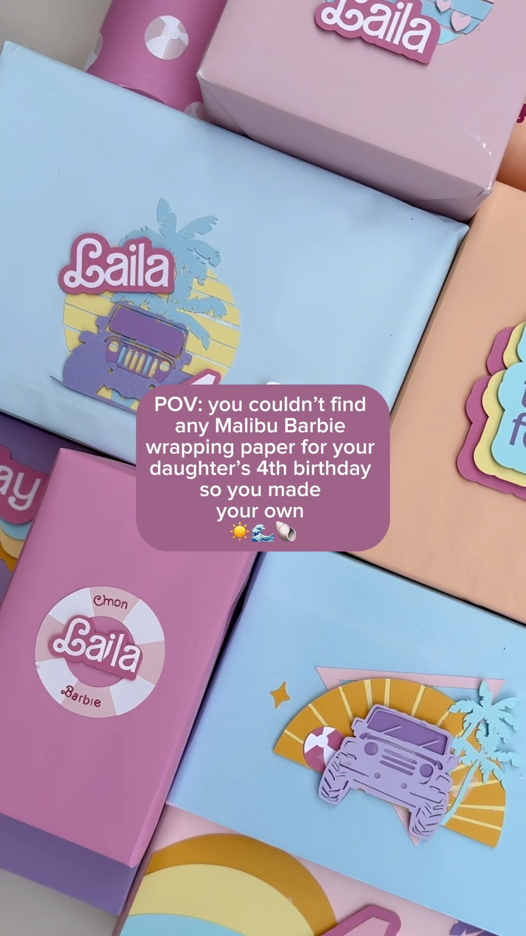 Laila is in her Barbie era but she doesn’t love the color pick, she prefers blue and purple! So for her birthday party we decided to do Malibu Barbie ☀️🌊🐚 BUT I couldn’t find any Malibu Barbie wrapping paper! The only Barbie wrapping paper I could find was pink so I decided to make my own using my Cricut!

I’ve included more detailed instructions on how I made my decals as well as the templates I made in Cricut design studio here:

https://design.cricut.com/landing/project-detail/663c50756a6dd117dbdcac47

| birthday party, girl birthday party, Barbie party, Malibu Barbie, gift wrap inspo, Cricut DIY, party decor, Barbie girl |

#barbie #barbiedoll #barbiegirl #barbieparty #barbiebirthday #barbiebirthdayparty #barbiepartytheme #barbiedecor #barbiethemovie #barbietheme #barbiethemeparty #cricut #cricutmade #cricutcreations #girlparty #girlbirthdayparty #toddlerbirthday #birthday #birthdaygirl 

#LTKFamily #LTKKids #LTKParties