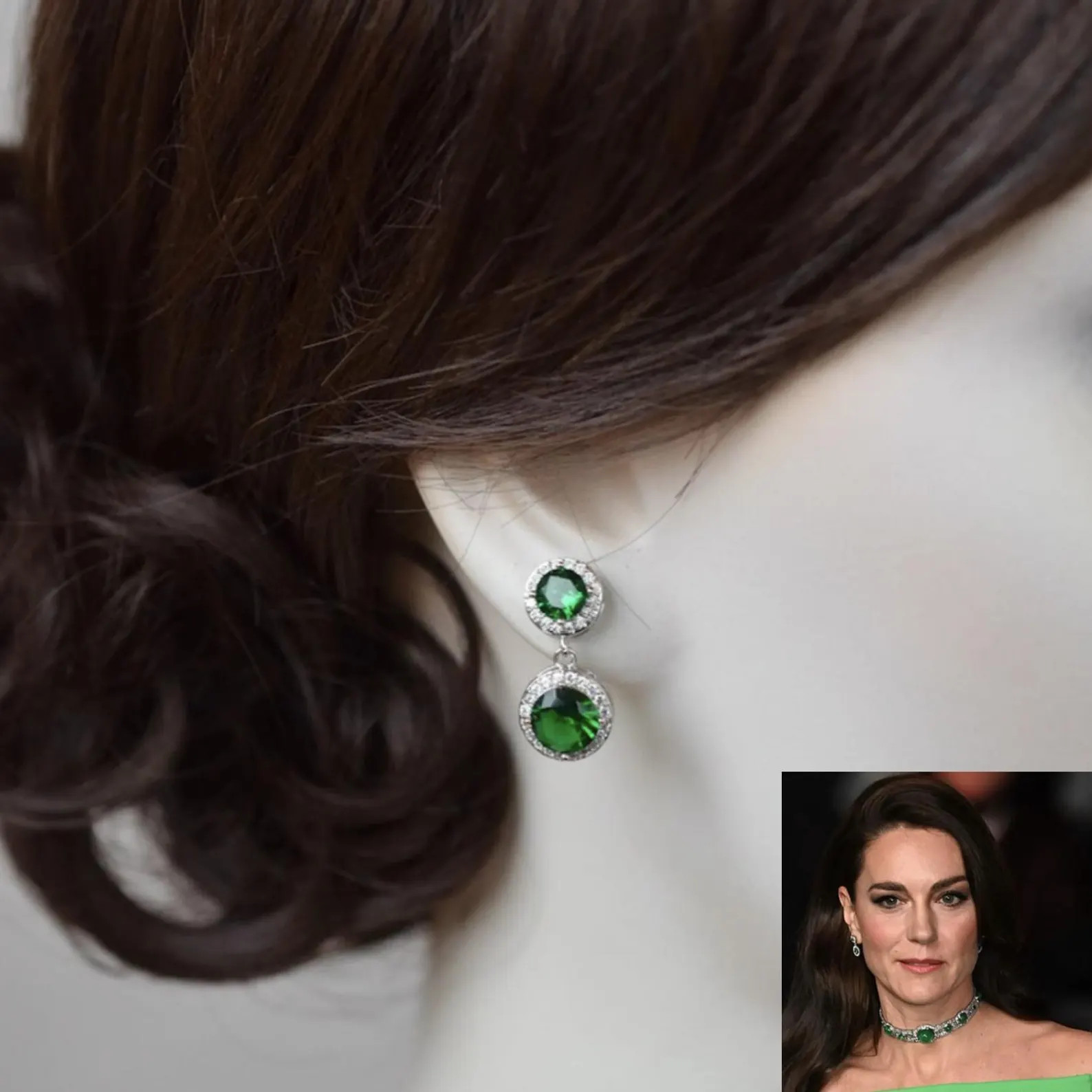 Catherine Princess of Wales Replica Round Emerald Green CZ Dangle Earrings, Silver/Gold (Sparkle-... | Etsy (US)