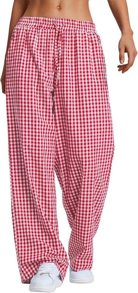 LOMON Striped Gingham Pants Women 2025 Fall Pajamas Cute Wide Leg Pj Lounge Boxer Bottoms Drawstr... | Amazon (US)