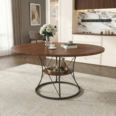 Round Farmhouse Dining Table – 43" Expandable to 59" with Storage Shelf, Wood Top & Black Metal Base, Seats 4-6 for Kitchen, Dining Room, Small Spaces | Target