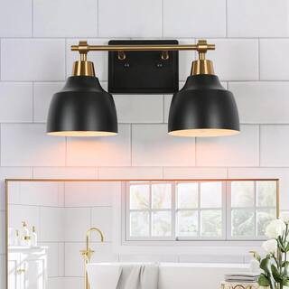 Modern 14.5 in. 2-Light Black Vanity Light with Brass Plated Metal Arm and Bell Shades for Bathro... | The Home Depot