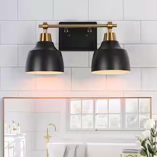 Modern 14.5 in. 2-Light Black Vanity Light with Brass Plated Metal Arm and Bell Shades for Bathro... | The Home Depot