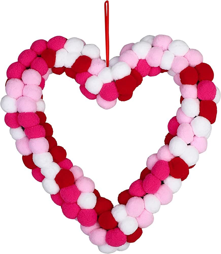 ANVAVO Valentine's Day Wool Felt Pom Pom Wreath 13 Inch Valentine Heart Wreath Front Door Felt Ba... | Amazon (US)