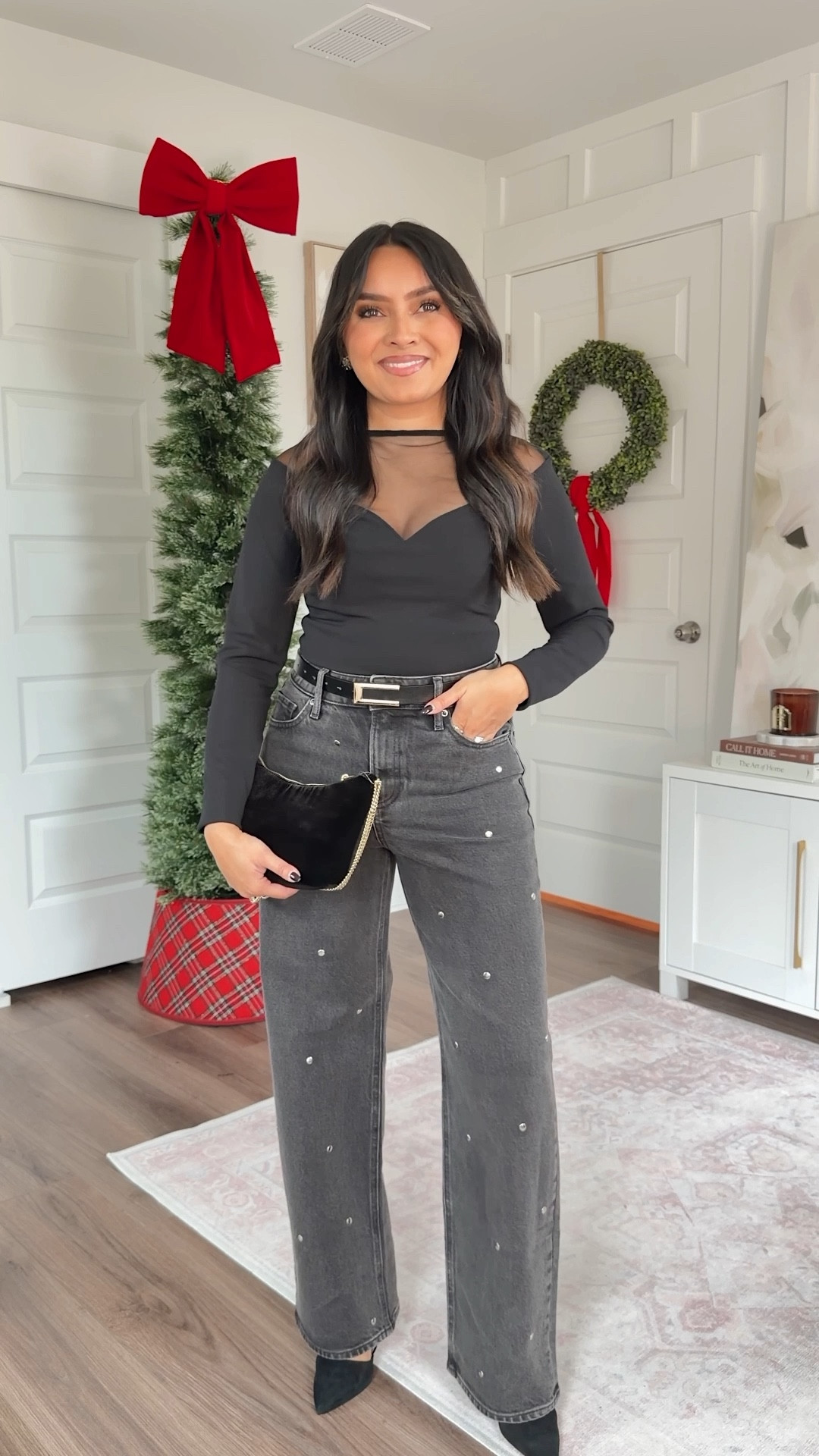 Black sheer neck bodysuit size xs TTS
Black silver studded straight jeans size 2 short TTS
Black belt size small TTS
Black heels size 5 TTS

#LTKSaleAlert #LTKCyberWeek #LTKPetite