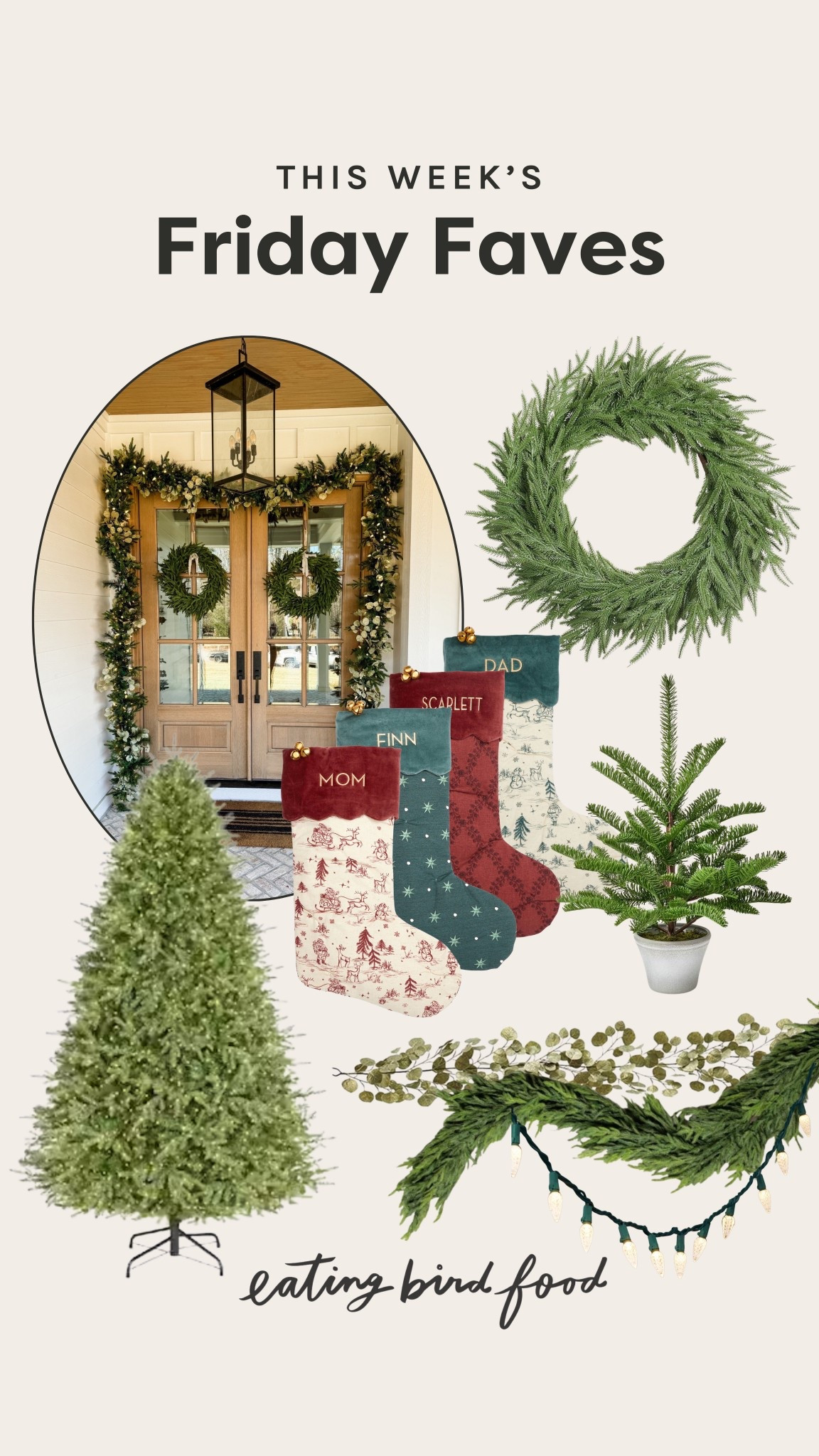 Friday Faves: Christmas Decor!

1. Norfolk Pine Wreath: Love this pine wreath. It gives that classic evergreen look without shedding needles everywhere. Perfect for Christmas, but honestly, it works all winter long. It’s 20 inches across and easy to hang right out of the box. We just add simple bows for the rustic farmhouse vibe. 

2. Grand Duchess Twinkling Balsam Fir Artificial Christmas Tree: After our aphid issue last year, I knew we needed to get an artifical tree this year and I've heard amazing things about this one. It went viral for a reason!! We have't set it up yet, but from the photos it looks so full and realistic. I have a feeling we'll be getting it up early this year because I'm so excited to see how pretty it is.

3. Garland On My Porch (Combo): We combined three different items for our front porch garland this year: a classic pine garland, eucalyptus, and some tapered string lights. I love how they look all together! 

4. Quilted Pottery Barn Stockings: We've had Pottery Barn stockings for a few years now, and I still love pulling them out every Christmas. The fabric feels thick and luxurious, and Olivia and Tucker love the little details. 

5. Potted Spruce Artificial Tree: This potted spruce from Hearth & Hand is the cutest little tree, indoors or outdoors. It looks so real and adds the perfect touch of greenery anywhere you put it. I love that it comes in a simple pot, so it fits with any decor style. It’s an easy way to bring holiday charm to small spaces, entryways, or even as a table centerpiece. 
 

 

#LTKHoliday #LTKSeasonal #LTKHome