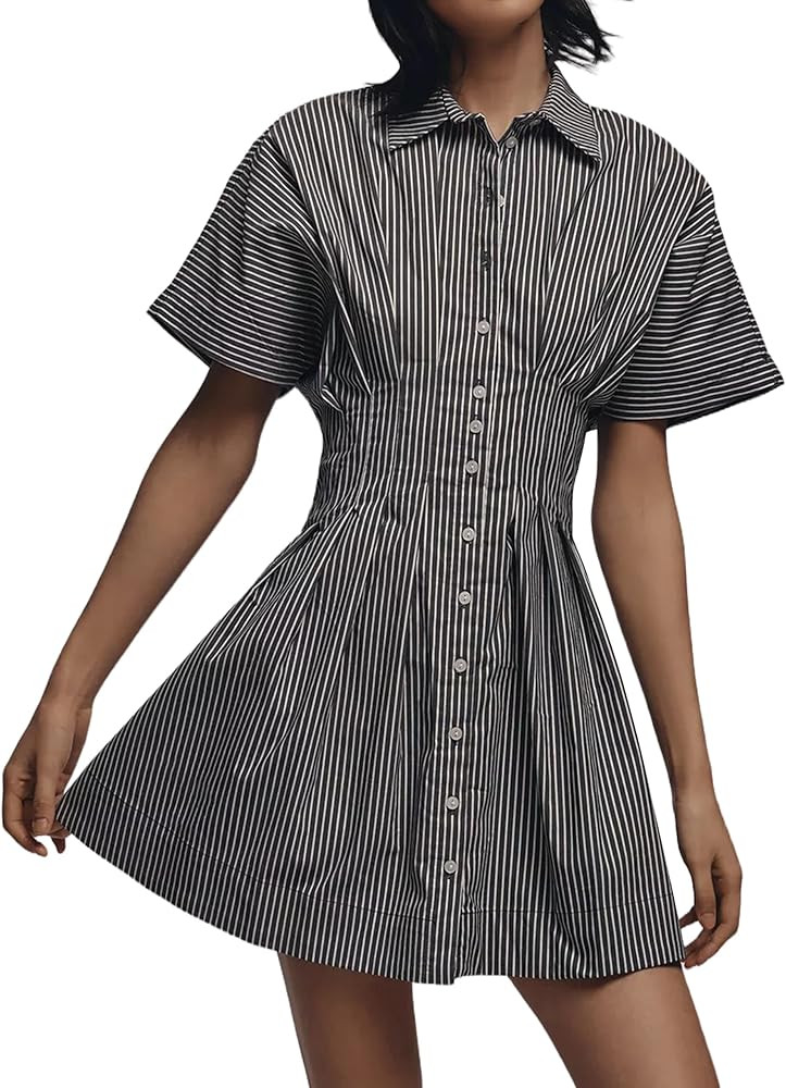 Women’s Button Front Down Pleated Shirt Dress Summer Casual Striped Short Sleeve Blouse Mini Dr... | Amazon (US)
