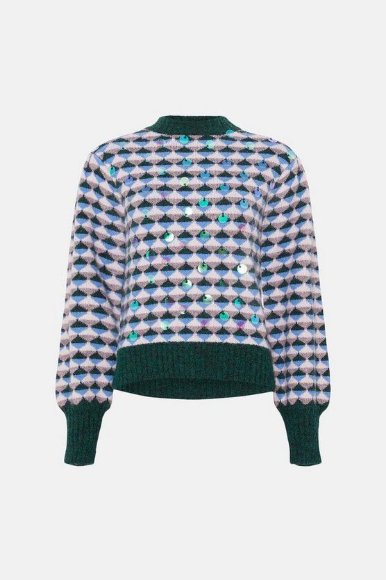 Wool blend Diamond jacquard sequin jumper | Oasis UK & IE