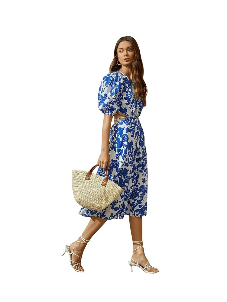 SweatyRocks Women's Boho Floral Puff Sleeve Cut Out Dress Tie Back A Line Midi Dresses | Amazon (US)