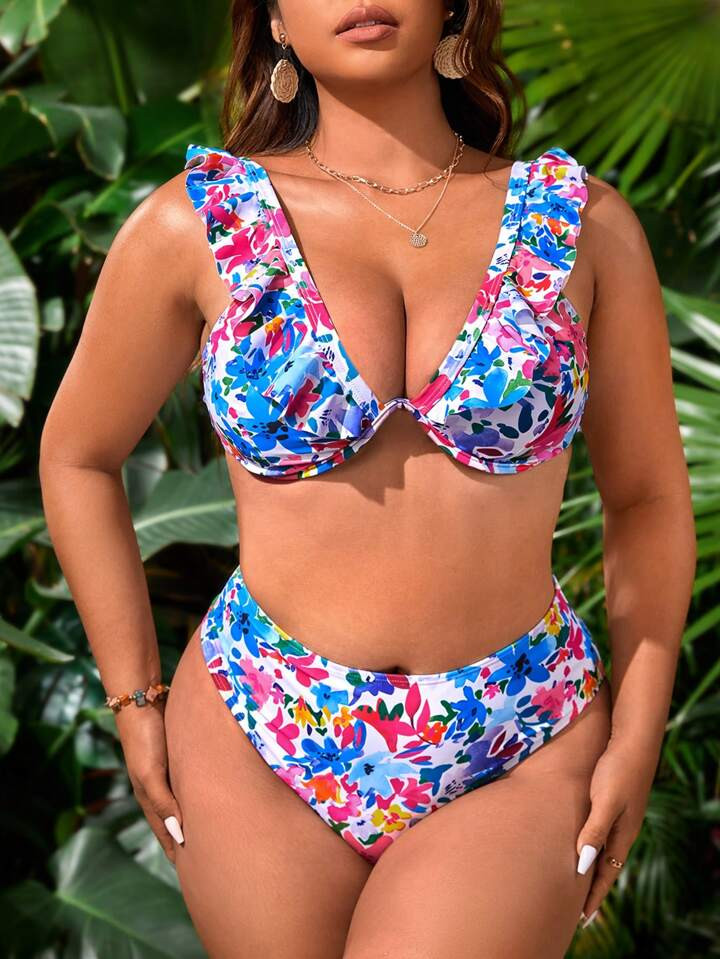 Plus Floral Print Ruffle Trim Push Up Bikini Swimsuit | SHEIN