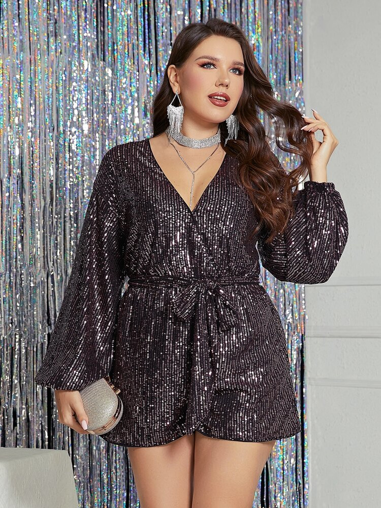 Double Crazy Plus Overlap Collar Lantern Sleeve Belted Sequin Romper | SHEIN