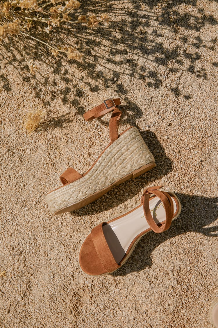 Cesilie Brown Suede Ankle Strap Platform Espadrille Wedges | Lulus