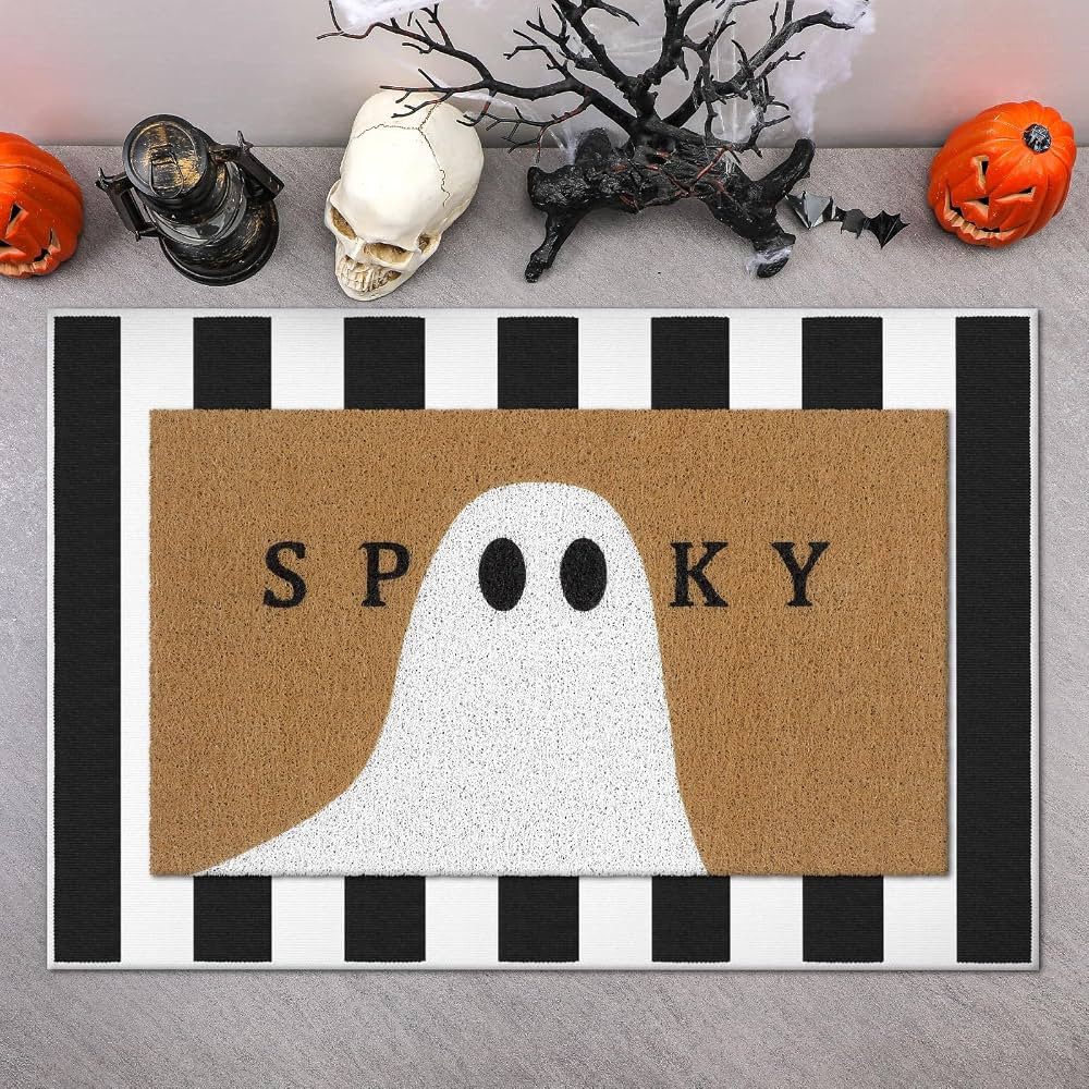 2 Pcs Halloween Doormat Spooky Ghost Outdoor Welcome Mats for Front Door Non Slip Ghost Coir Floo... | Amazon (US)