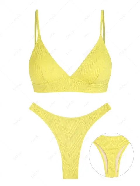 ZAFUL Women\'s Jacquard Weave Textured Solid Color Triangle Thong High Cut Swimwear Bikini Set | ZAFUL (Global)