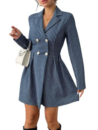 utcoco Women's 2025 Fall Plaid Tweed Dress Notched Lapel Double Breasted Elegant A Line Mini Jackie Dress (X-Large, Navy) | Amazon (US)