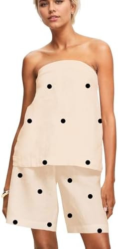 Women Polka Dot 2 Piece Outfits Summer Vacation Matching Set Strapless Tube Top and Baggy Shorts ... | Amazon (US)