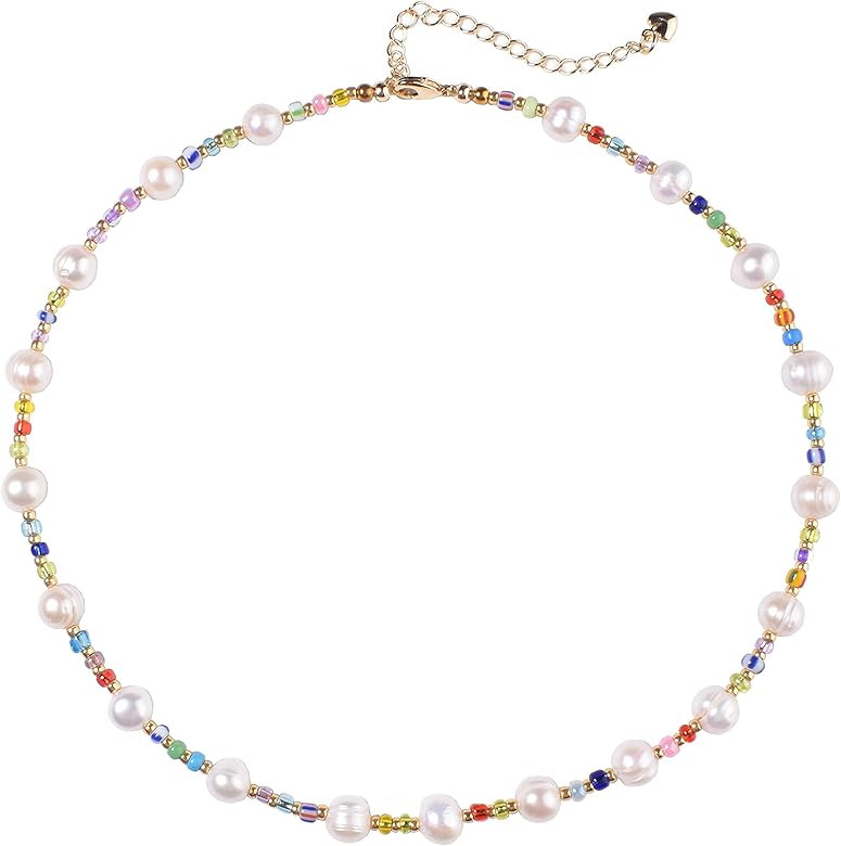 Miss Pink Natural Freshwater Pearl Fun Flirty Beaded Choker Necklace Handmade Summer Bo... | Amazon (US)
