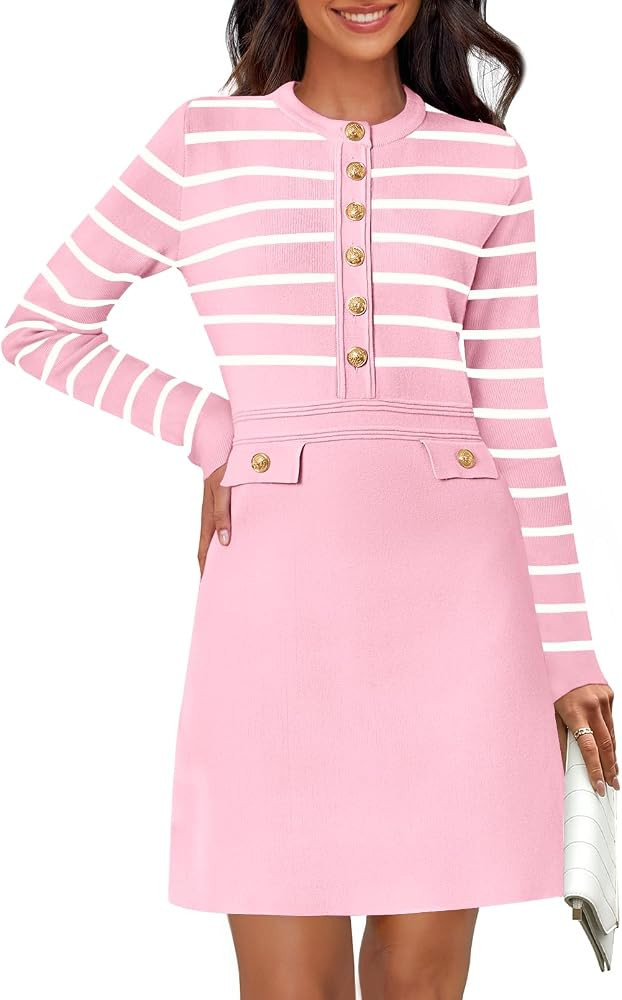 MEROKEETY Women's Long Sleeve Striped Sweater Dress Button Crewneck Fall Bodycon Formal Mini Dres... | Amazon (US)