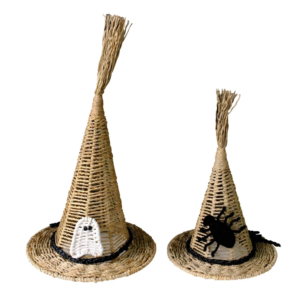Set Of 2 Handwoven Natural Witch Hat Decorations With Ghost And Spider Accents – Halloween Tabl... | Wayfair North America