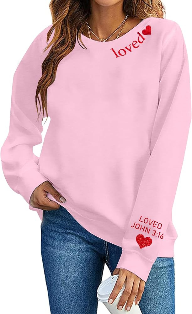 MOUSYA Valentines Day Sweatshirt Women Love Heart Graphic Shirts Christian Pullover Long Sleeve T... | Amazon (US)