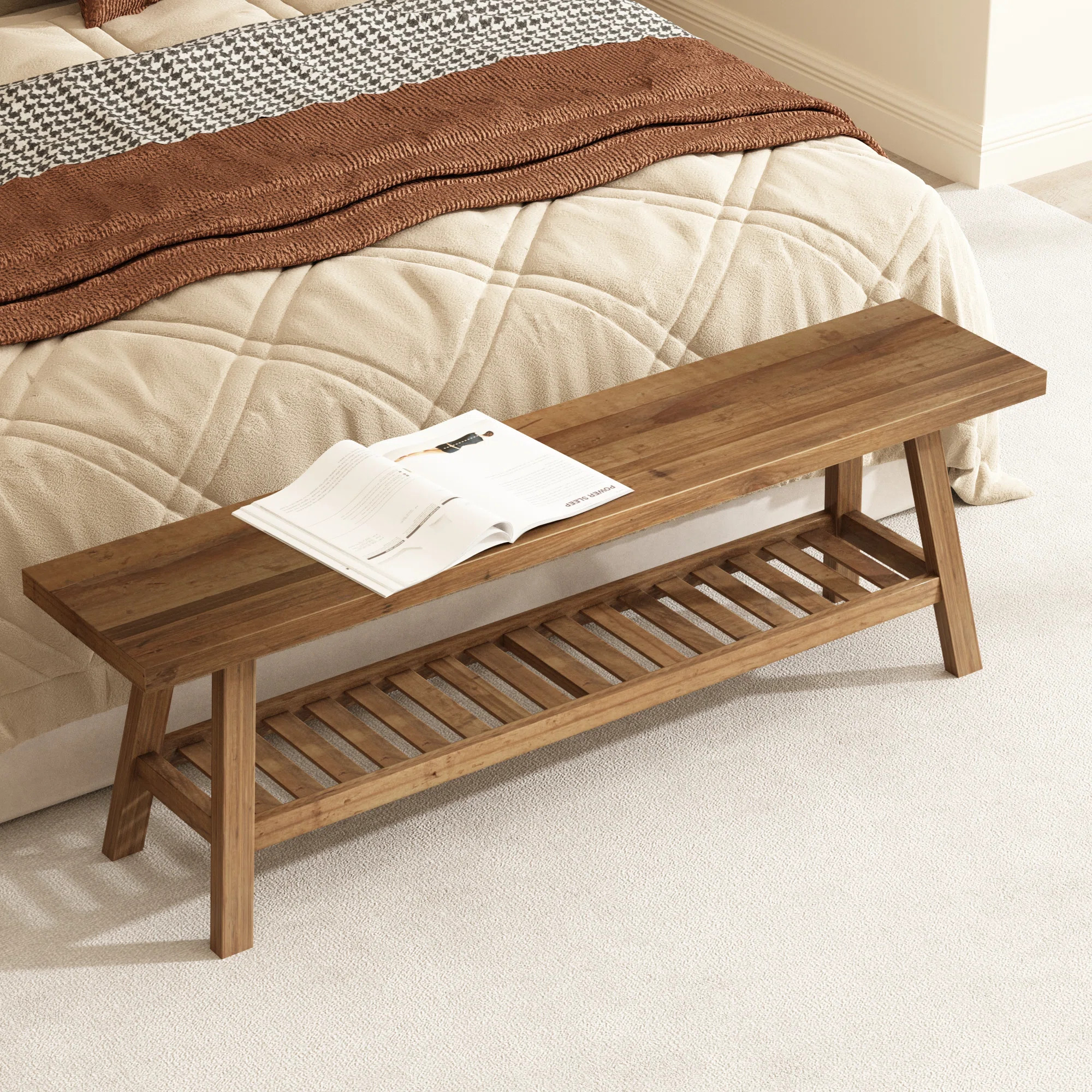 Solid Reclaimed Wood Bench with Shelf | Wayfair North America