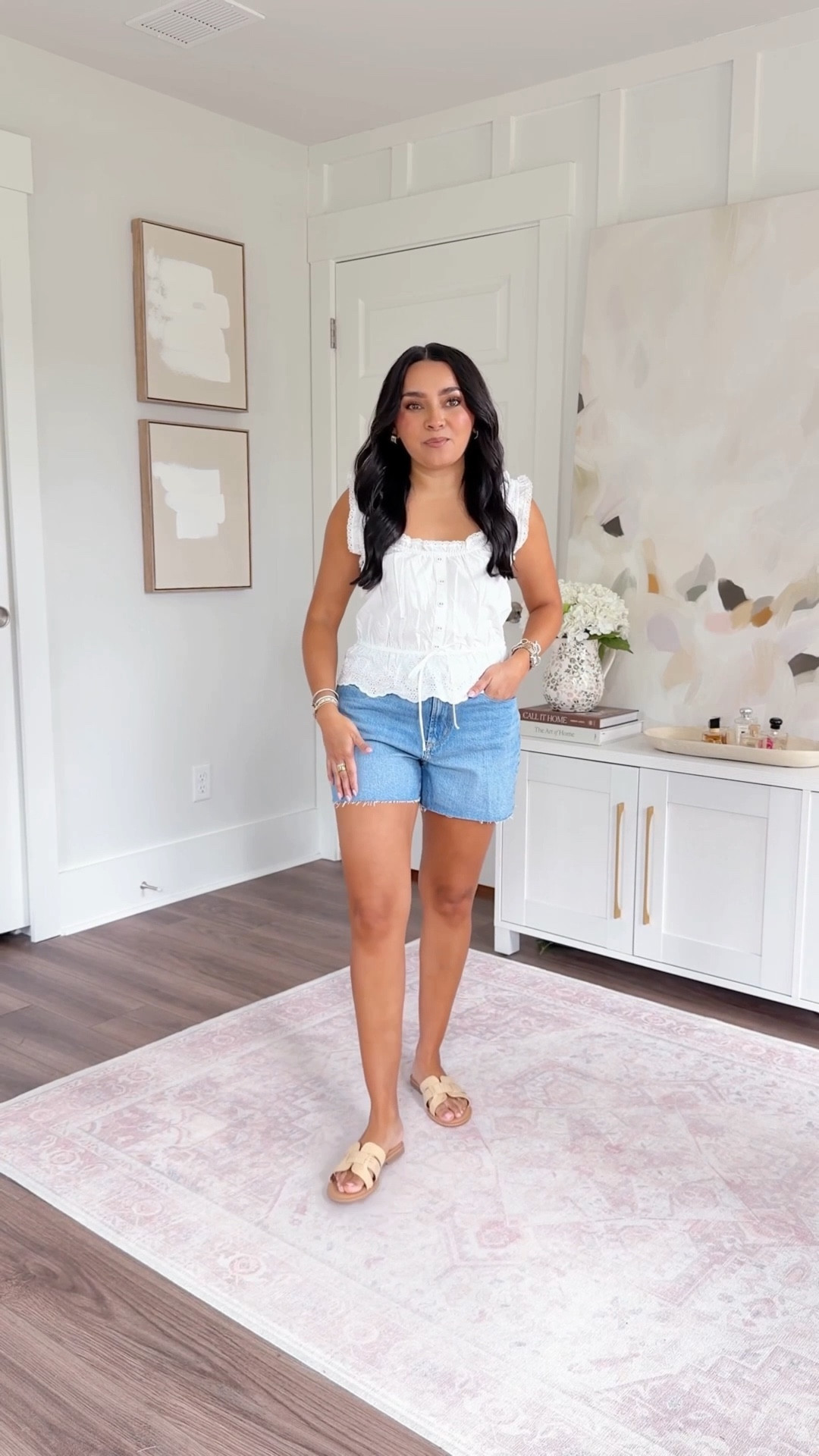 White eyelet sleeveless top size xxs TTS
Destructed mid stone wash cut off denim shorts size 26 petite - big in the waist, I could have sized down a size!
Tan sandals sue 5.5 TTS



#LTKSaleAlert #LTKPetite #LTKootd