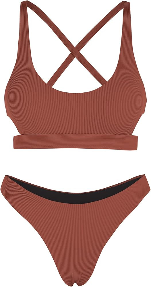 Amazon.com: ZAFUL Womens Cutout Bikini Set Ribbed Scoop Neck Two Piece Bathing Suit Criss Cross B... | Amazon (US)