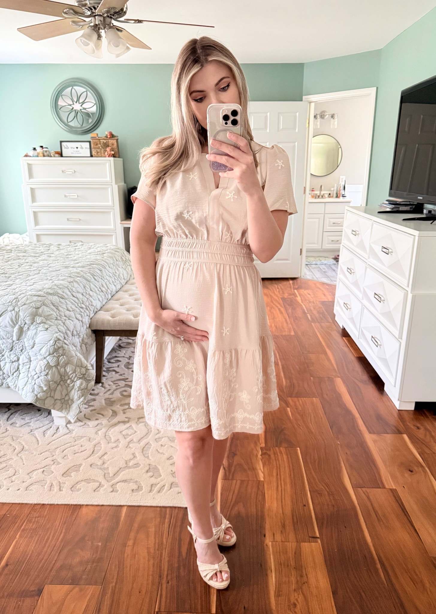 Amazon beige cream 
Bump friendly style 
Womens Summer Mini Dress V Neck Short Sleeve Embroidery Wedding Guest Dress A Line Boho Dress with Pockets

#LTKSaleAlert #LTKPetite #LTKBump