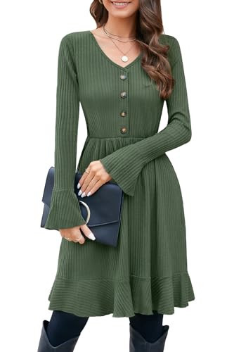 ULTRANICE Strickkleid Damen Herbstkleid Winterkleid V Ausschnitt Pulloverkleid mit Deko Knopf Herbst Winter Kleid (Armee Grün, S) | Amazon (DE)